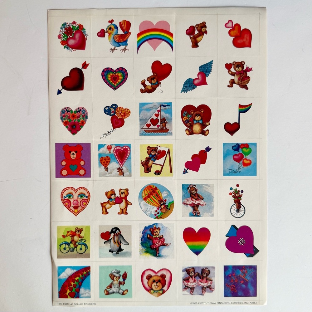Vintage 1985 Institutional Financing Hearts and Teddy Bears Sticker Sheet 35C